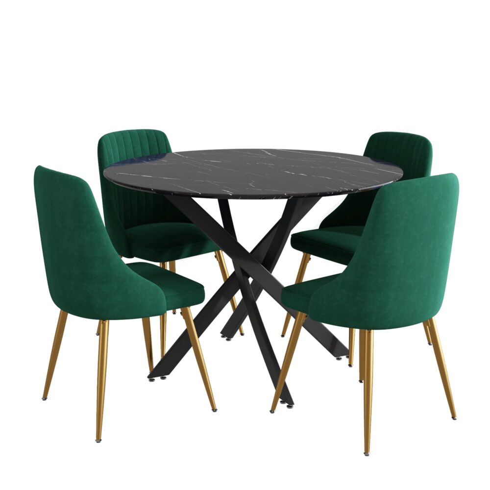 Camille Dining Set With 4 Green Velvet Chairs