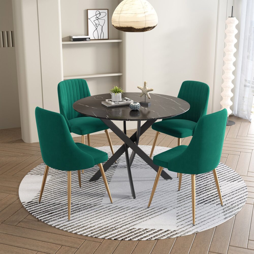 Camille Dining Set With 4 Green Velvet Chairs