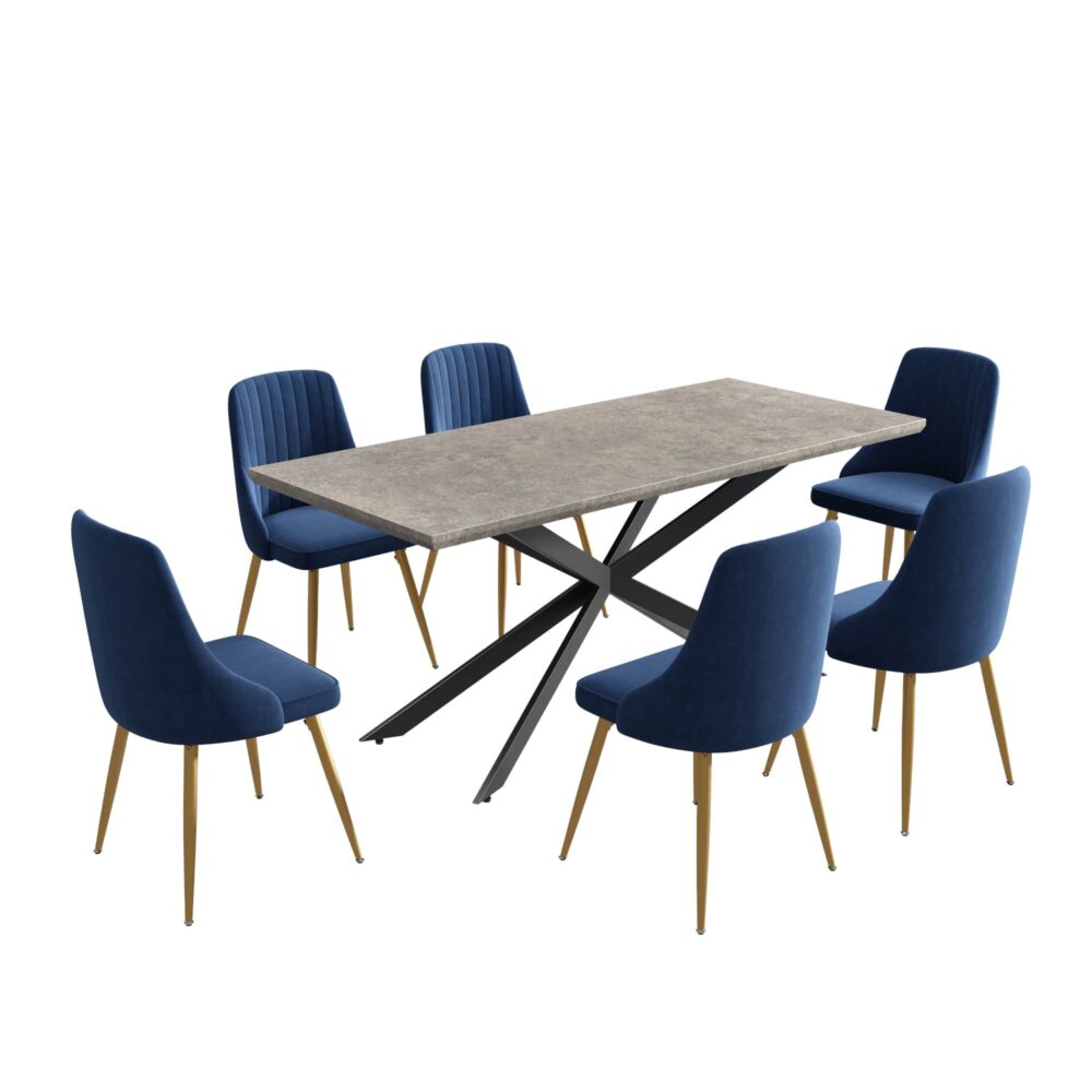 Seraphina Dining Set With 6 Blue Velvet Chairs