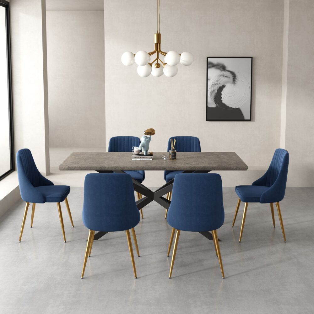 Seraphina Dining Set With 6 Blue Velvet Chairs