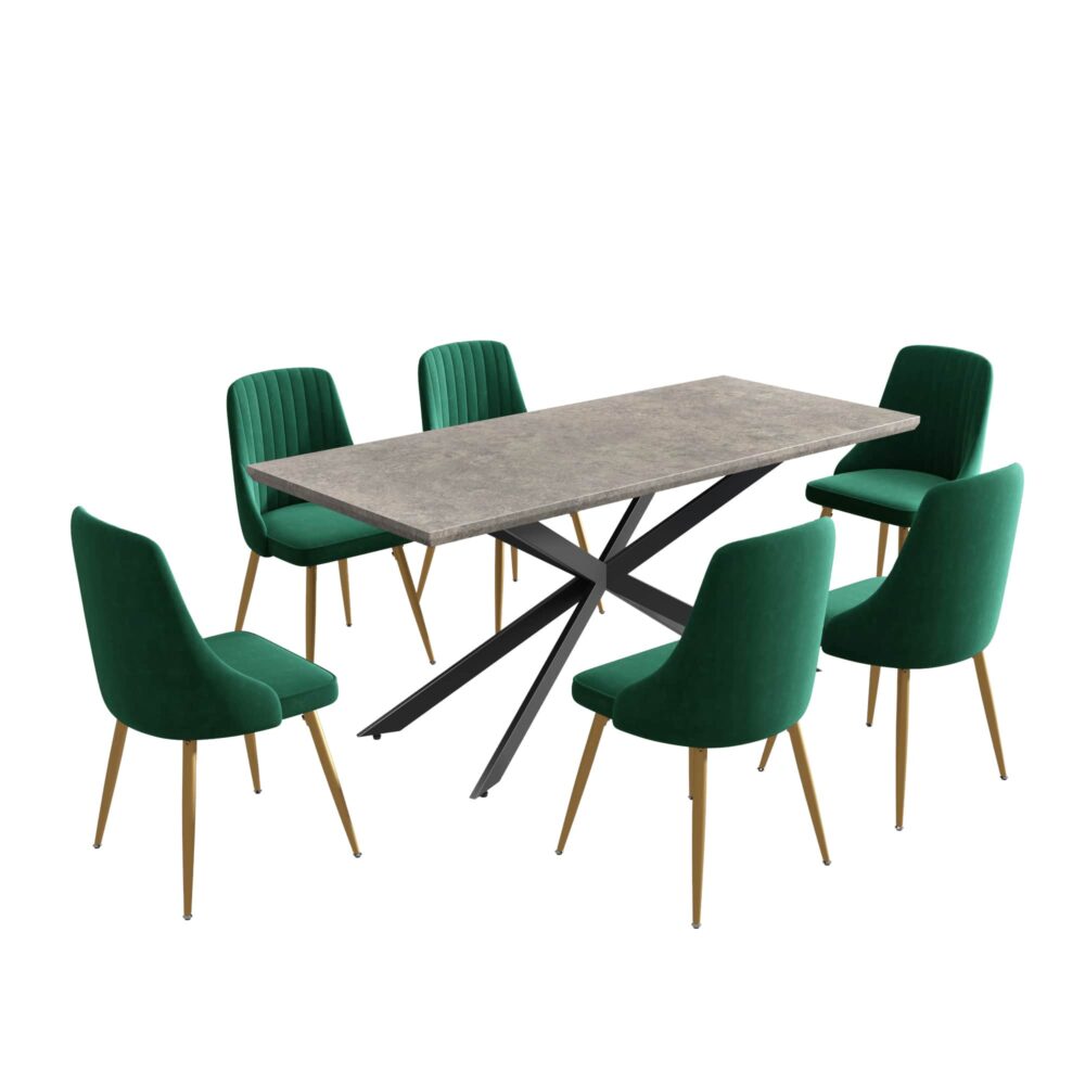 Seraphina Dining Set With 6 Green Velvet Chairs