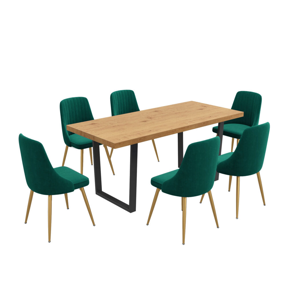 Sabine Marble Dining Set With 6 Green Velvet Chairs