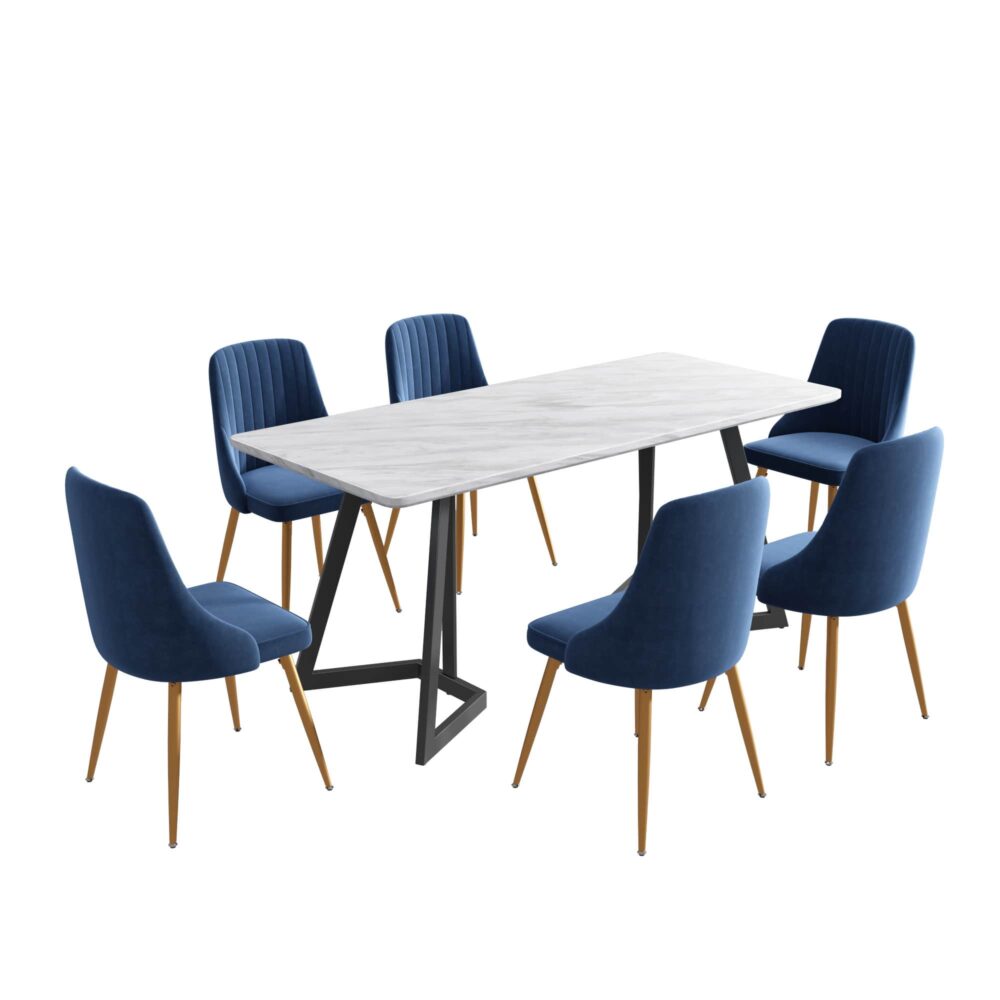 Savannah Dining Set With 6 Blue Velvet Chairs