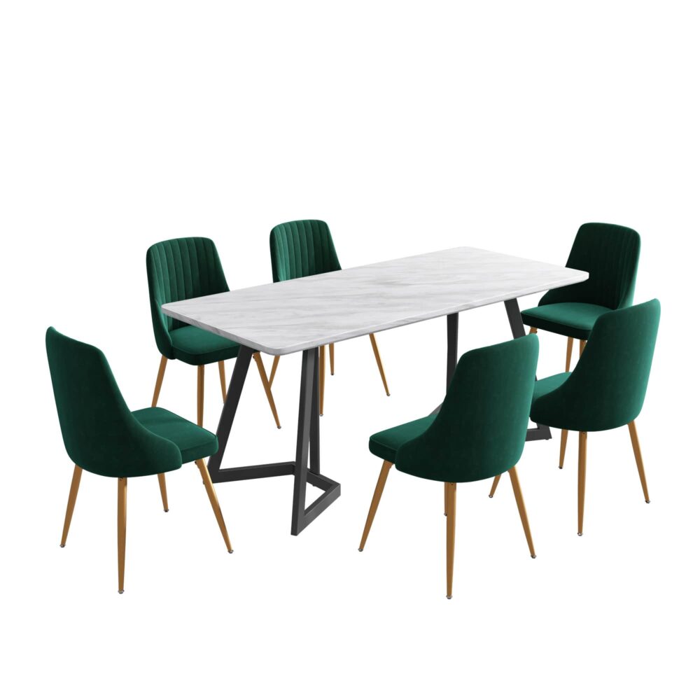 Savannah Dining Set With 6 Green Velvet Chairs