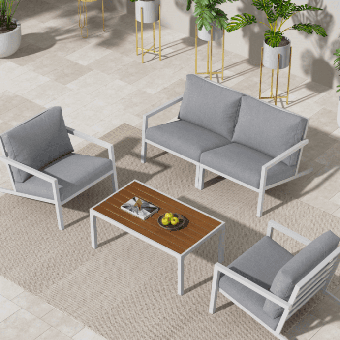 Aidan 5 Piece Garden Furniture Set - White with Light Grey Cushions