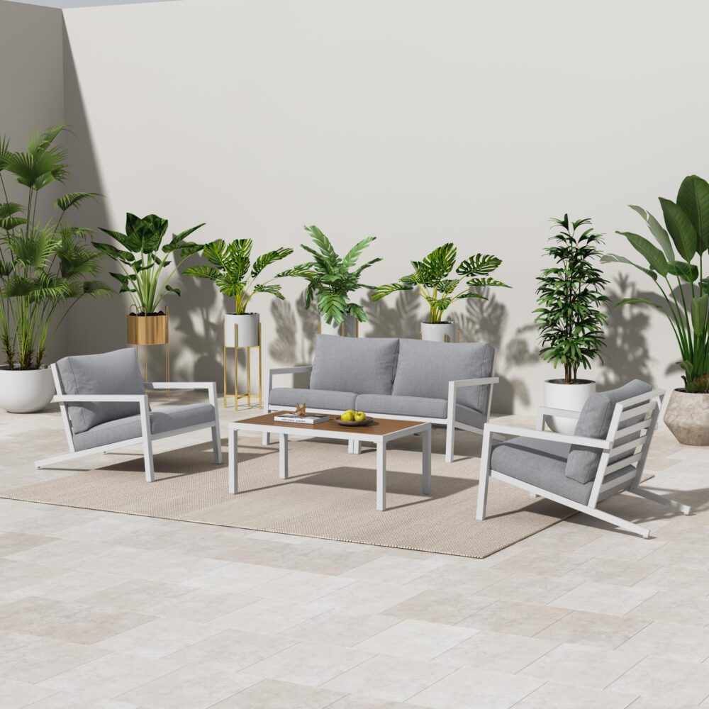 Aidan 5 Piece Garden Furniture Set - White with Light Grey Cushions