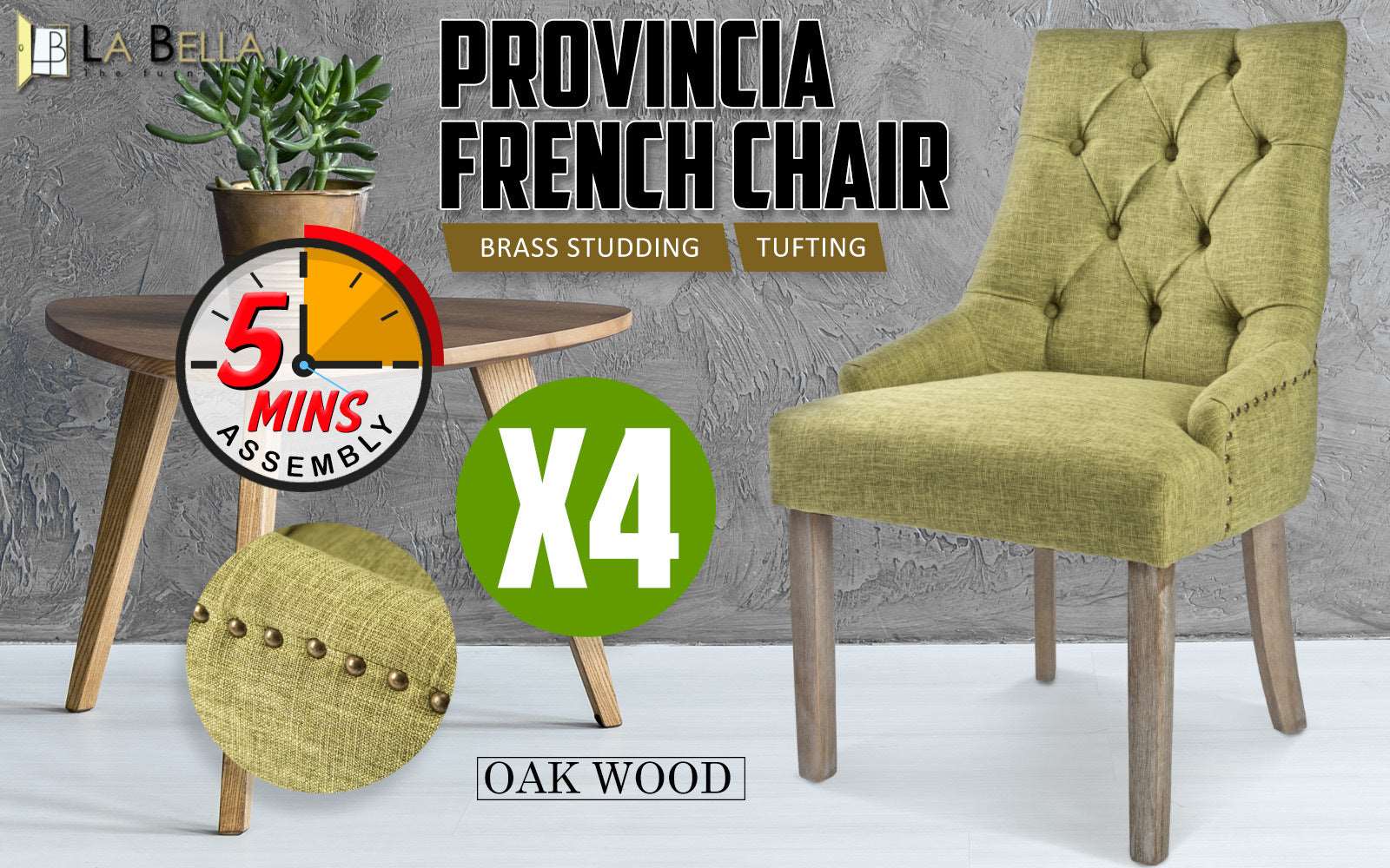 4X French Provincial Dining Chair Oak Leg AMOUR GREEN