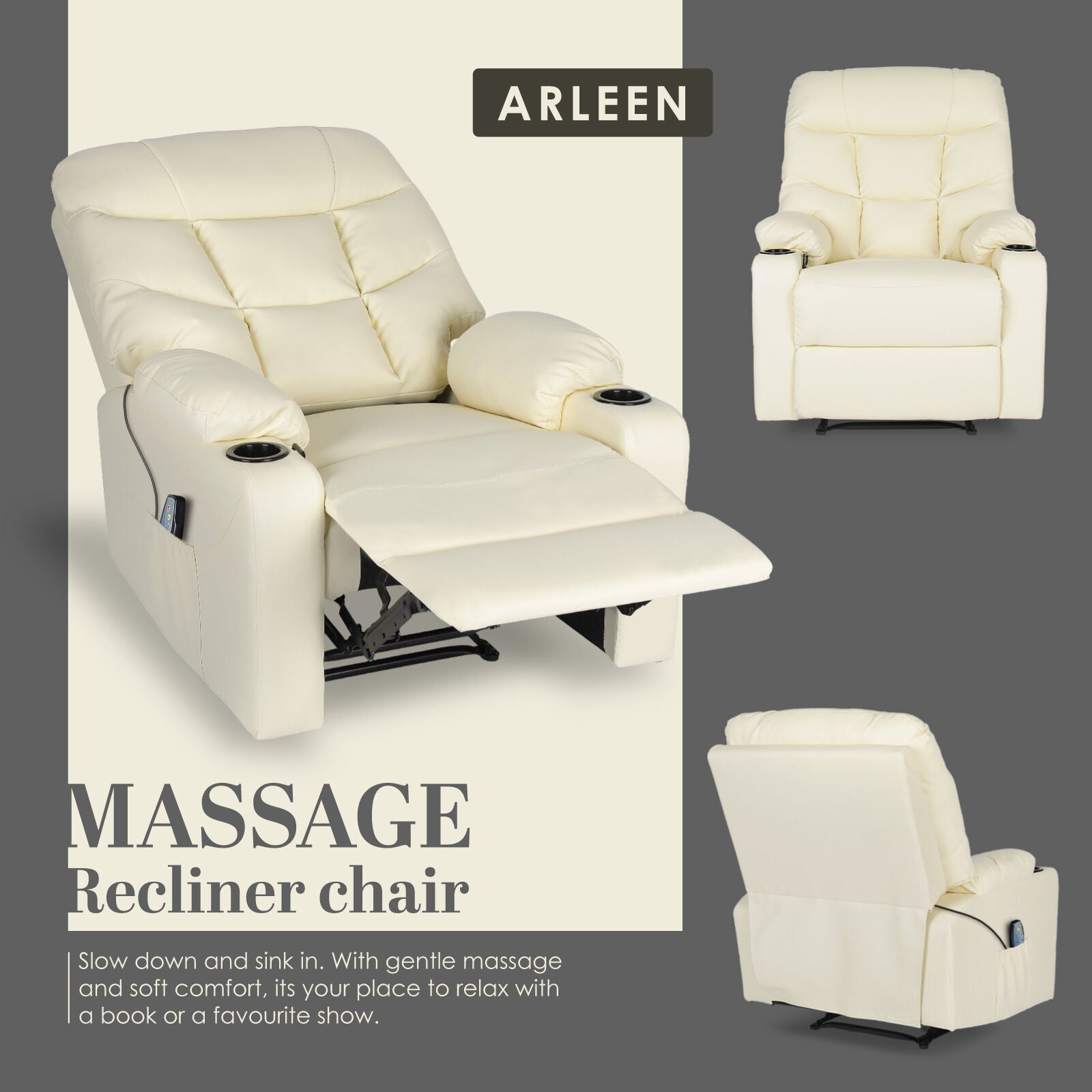 8-Point Electric Massage Recliner Chair - PU Leather Lounge Sofa Armchair ARLEEN BEIGE
