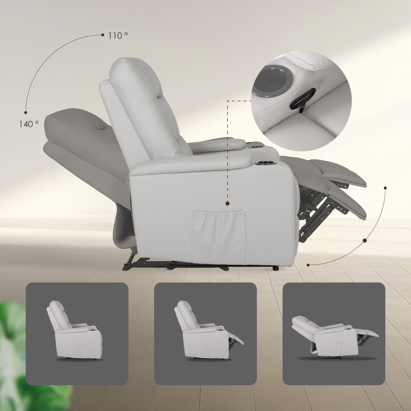 Home Recliner Chair - PU Leather Sofa Lounge Armchair DAKOTA GREY