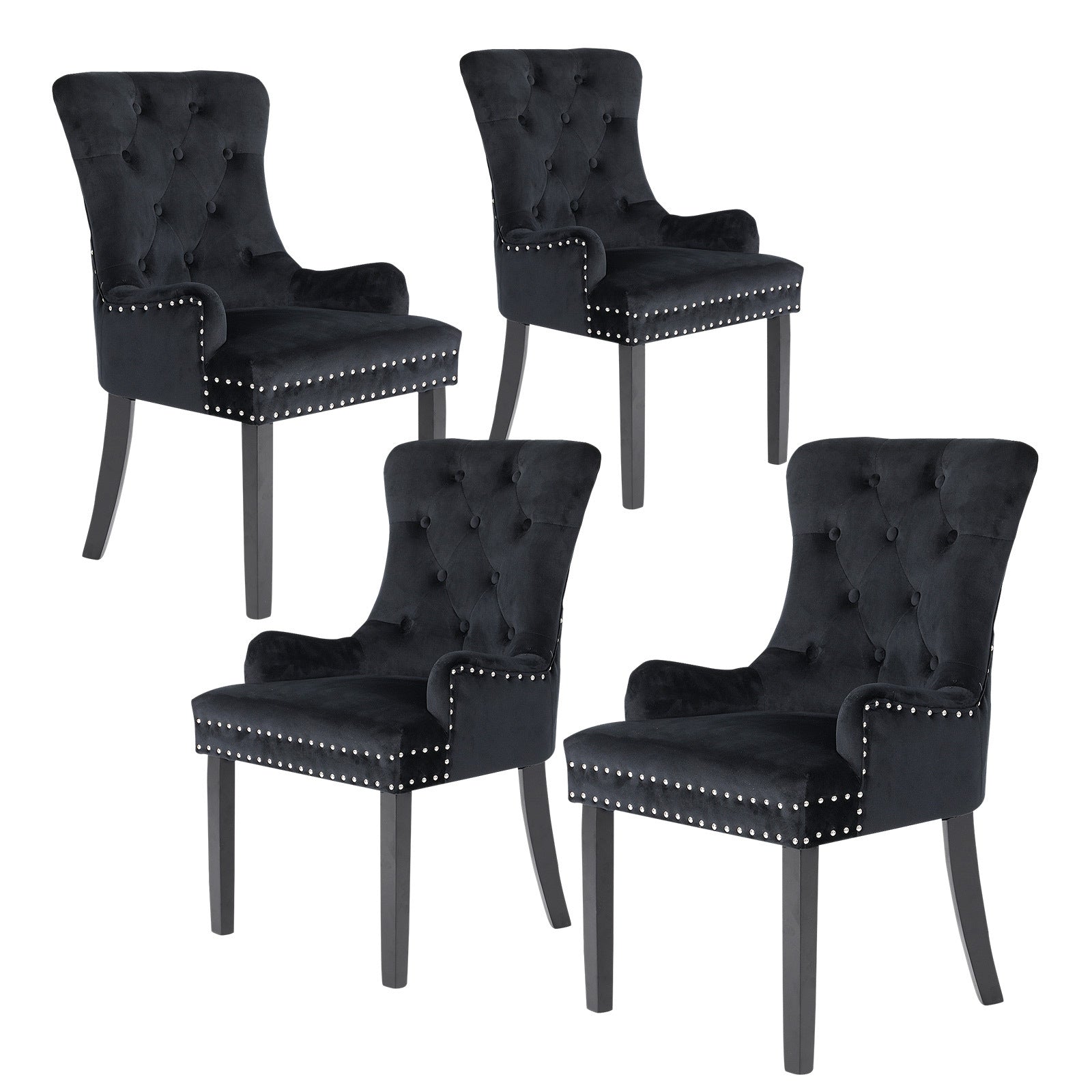 Set of 4 Lucienne French Provincial Velvet Dining Chairs - Black