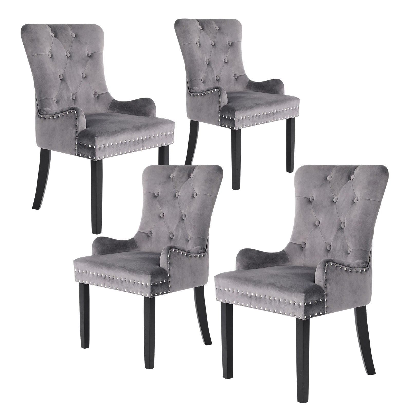 Set of 4 Lucienne French Provincial Velvet Dining Chairs - Grey