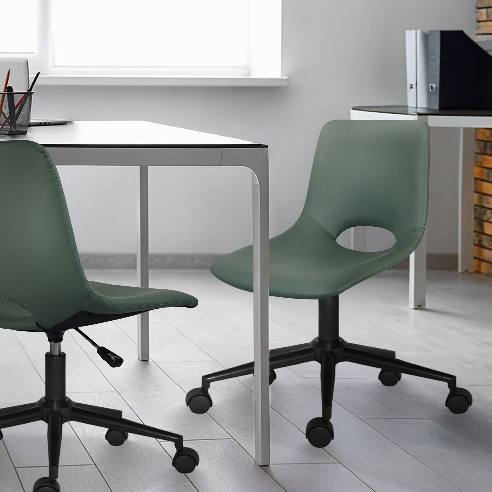 2 Set Office Desk Chair - PU Leather Home Swivel Chair Cut-Out Seat HALO GREEN