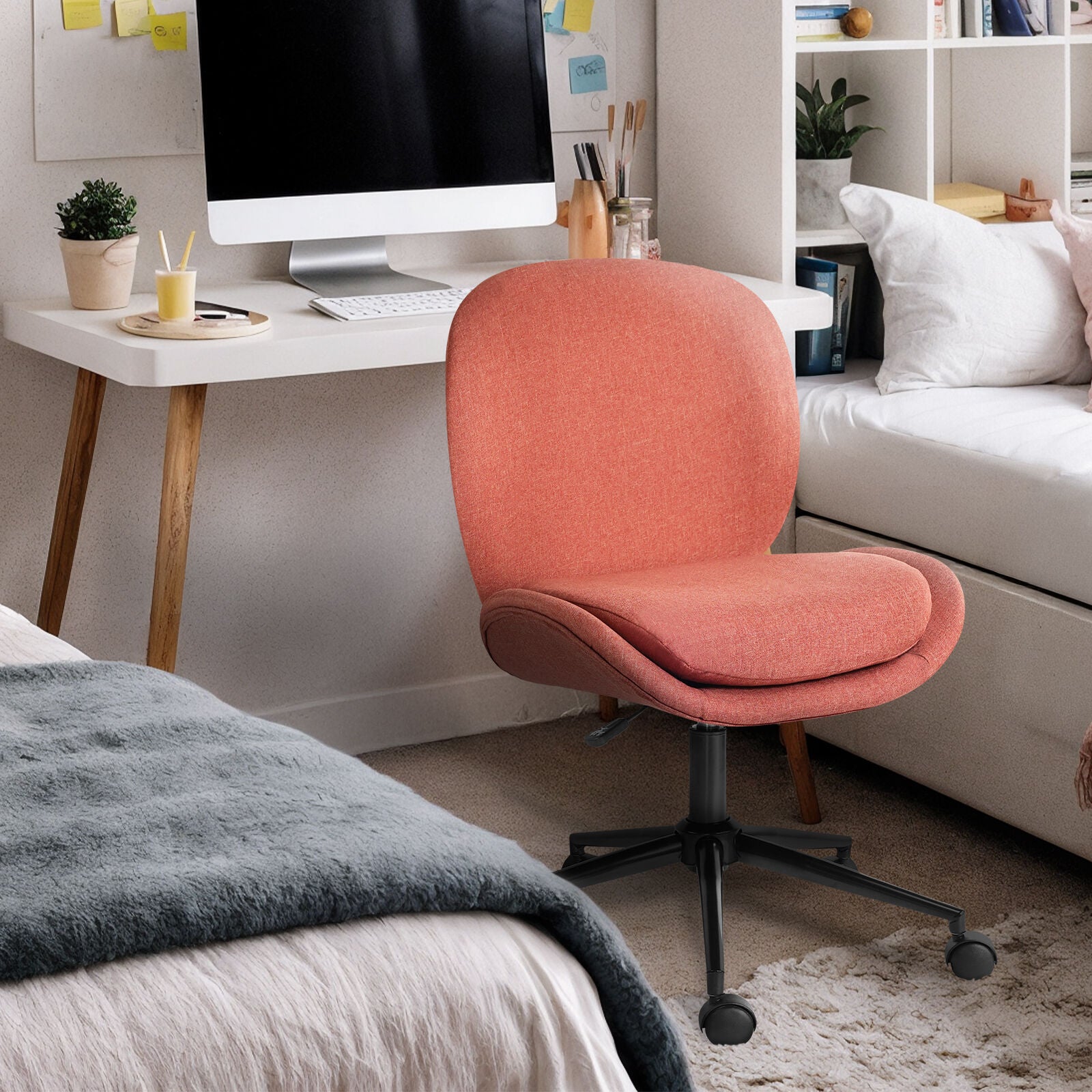 Office Desk Chair - Linen Fabric Armless Swivel Study Seat OVOID EARTHY RED