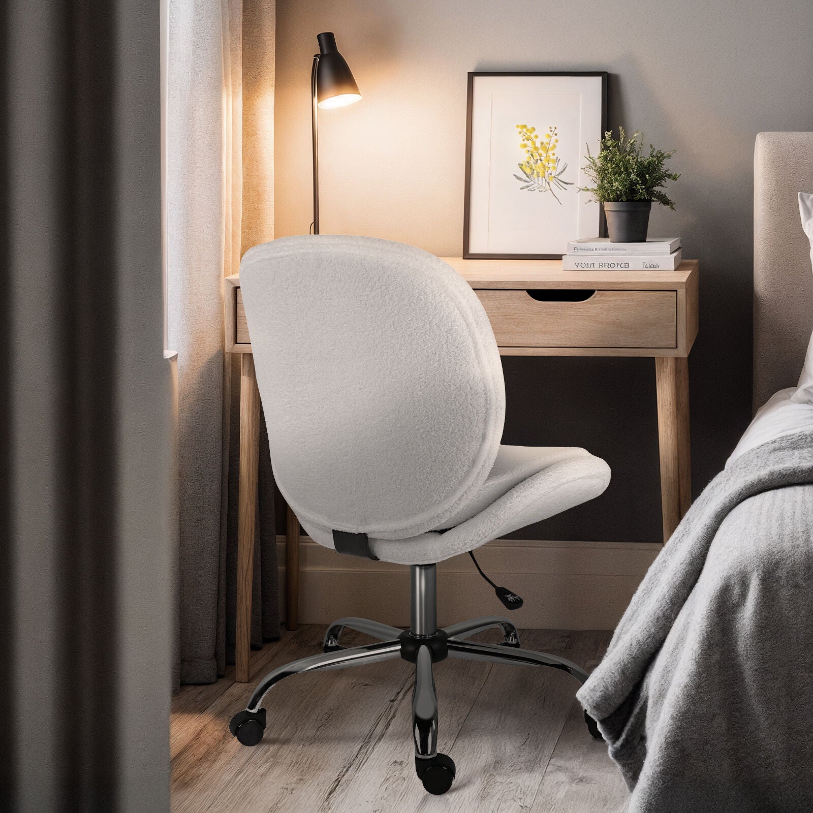 Office Desk Chair - Teddy Boucle Armless Swivel Study Seat OVOID WHITE