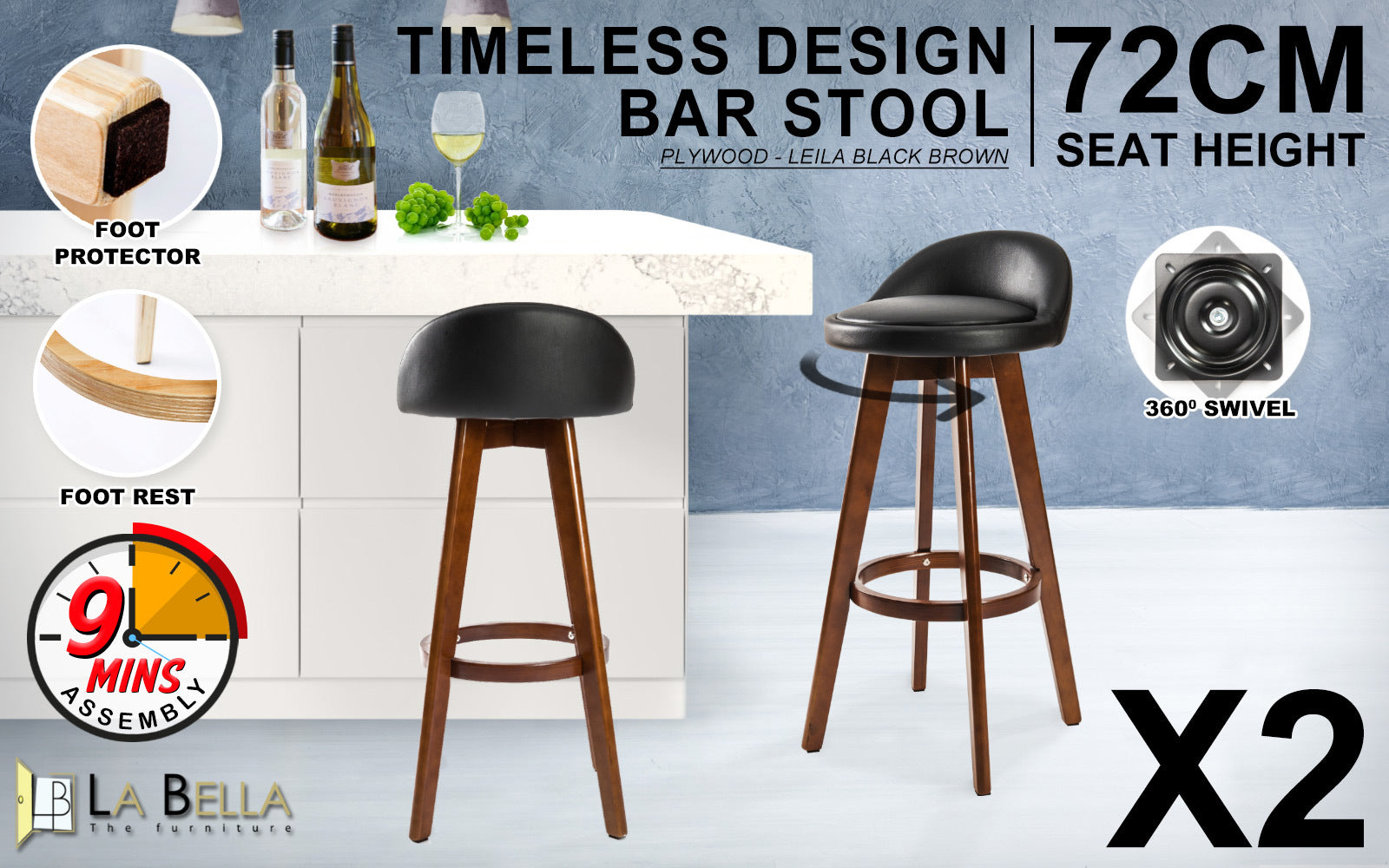 Set of 2 Leila Wooden Bar Stools Black