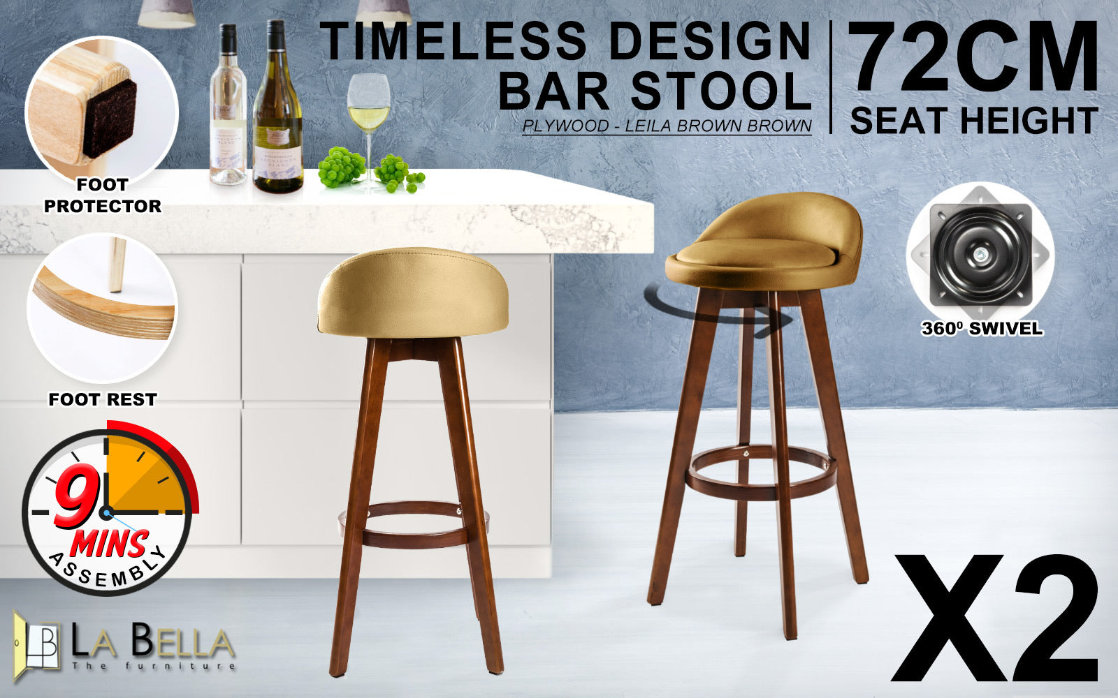 Set of 2 Leila Wooden Bar Stools Coffee