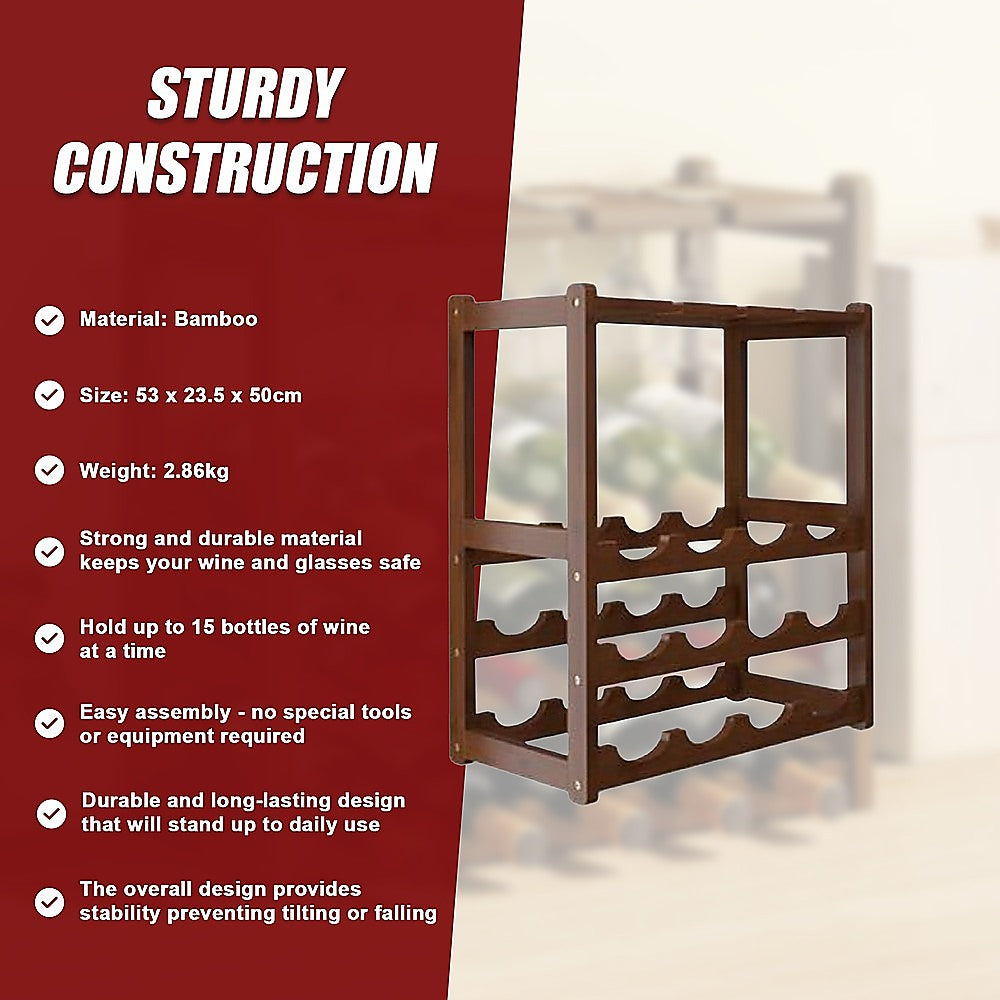 Bamboo Wine Rack Free Standing 15 Bottles with 6 Glasses Holder Storage in Dark Brown