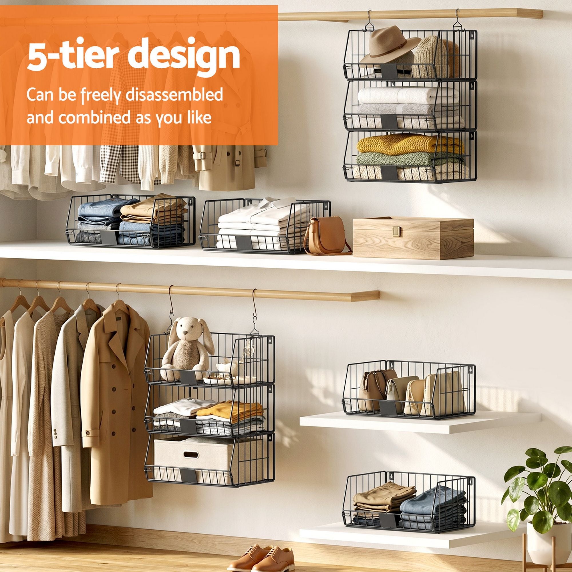 5 Tier Stackable Closet Organizers and Storage Closet Hanging Storage Organizer Shelves