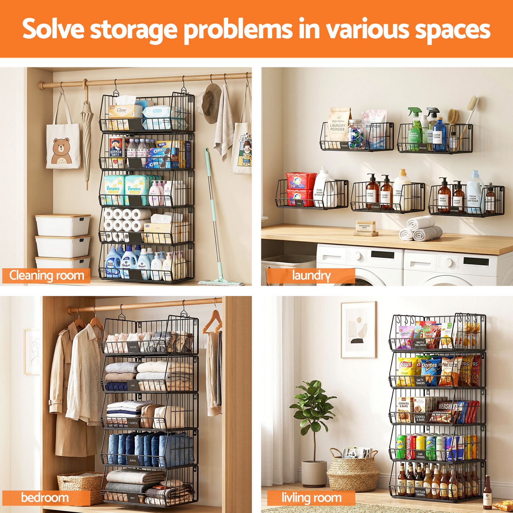 5 Tier Stackable Closet Organizers and Storage Closet Hanging Storage Organizer Shelves
