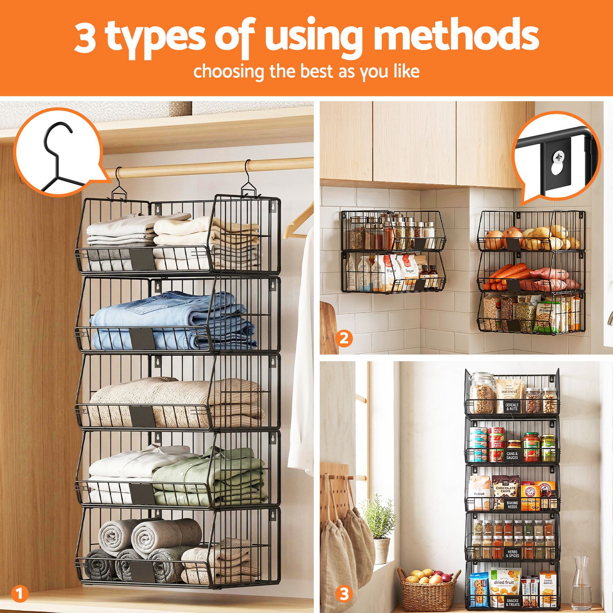 5 Tier Stackable Closet Organizers and Storage Closet Hanging Storage Organizer Shelves