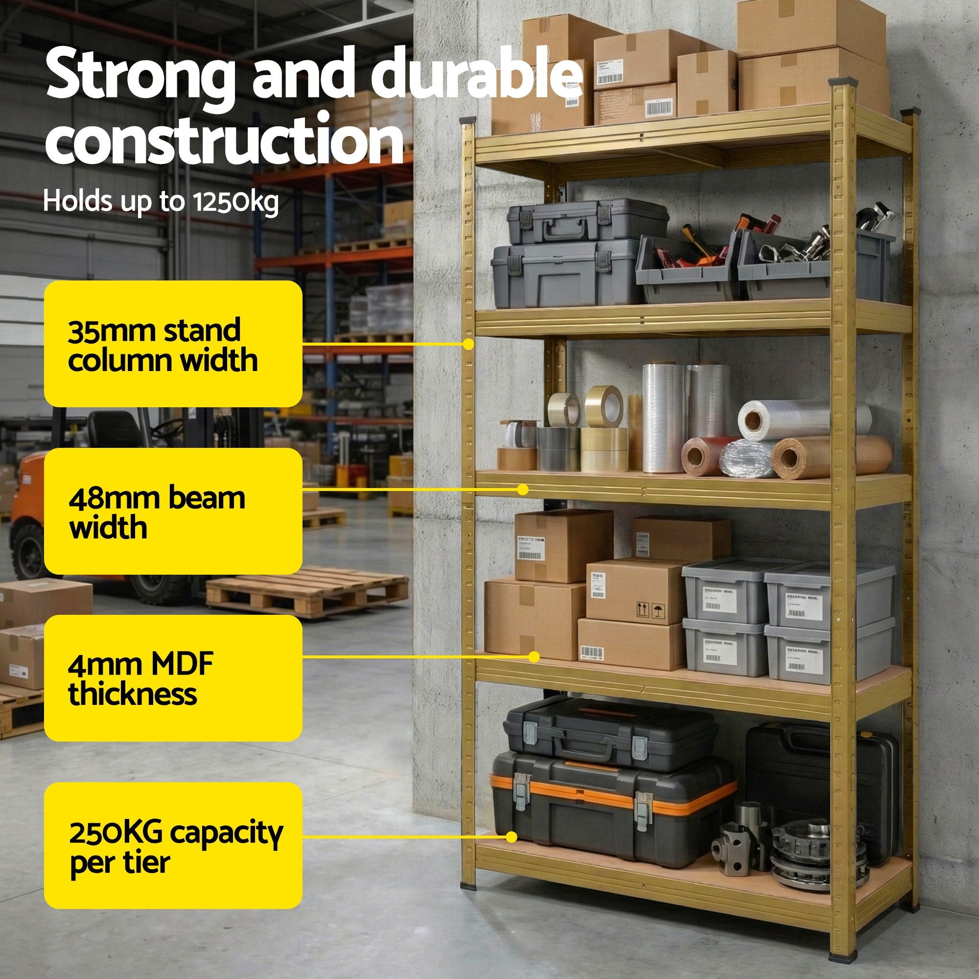 Garage Shelving 1.6x0.8m 5-Tier Warehouse Storage Rack Pallet Racking - Yellow