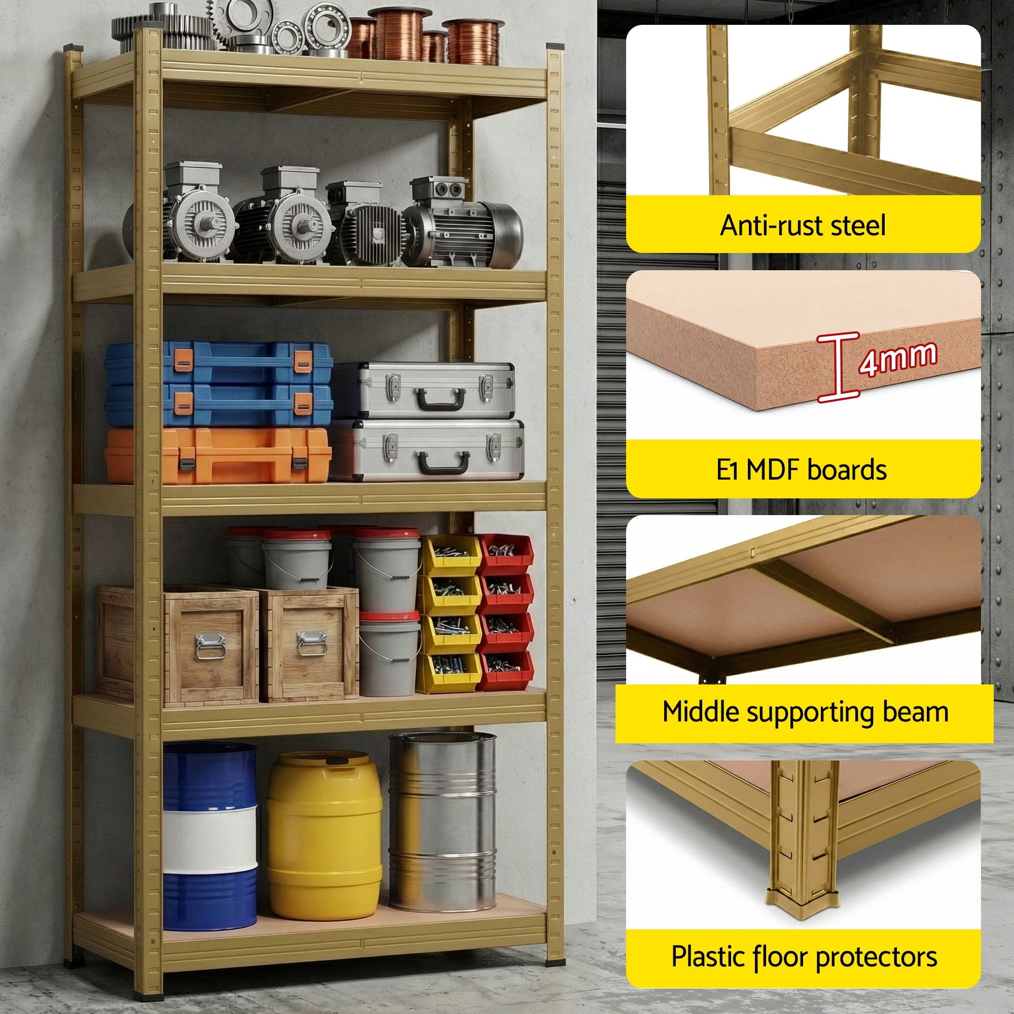 Garage Shelving 1.6x0.8m 5-Tier Warehouse Storage Rack Pallet Racking - Yellow
