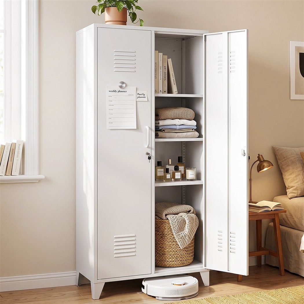 2-Door Wardrobe Lockable Cabinet Storage Closet Hanging Rail Adjustable Shelves Cream White