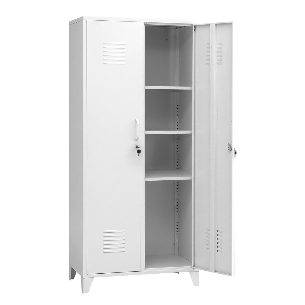 2-Door Wardrobe Lockable Cabinet Storage Closet Hanging Rail Adjustable Shelves Cream White