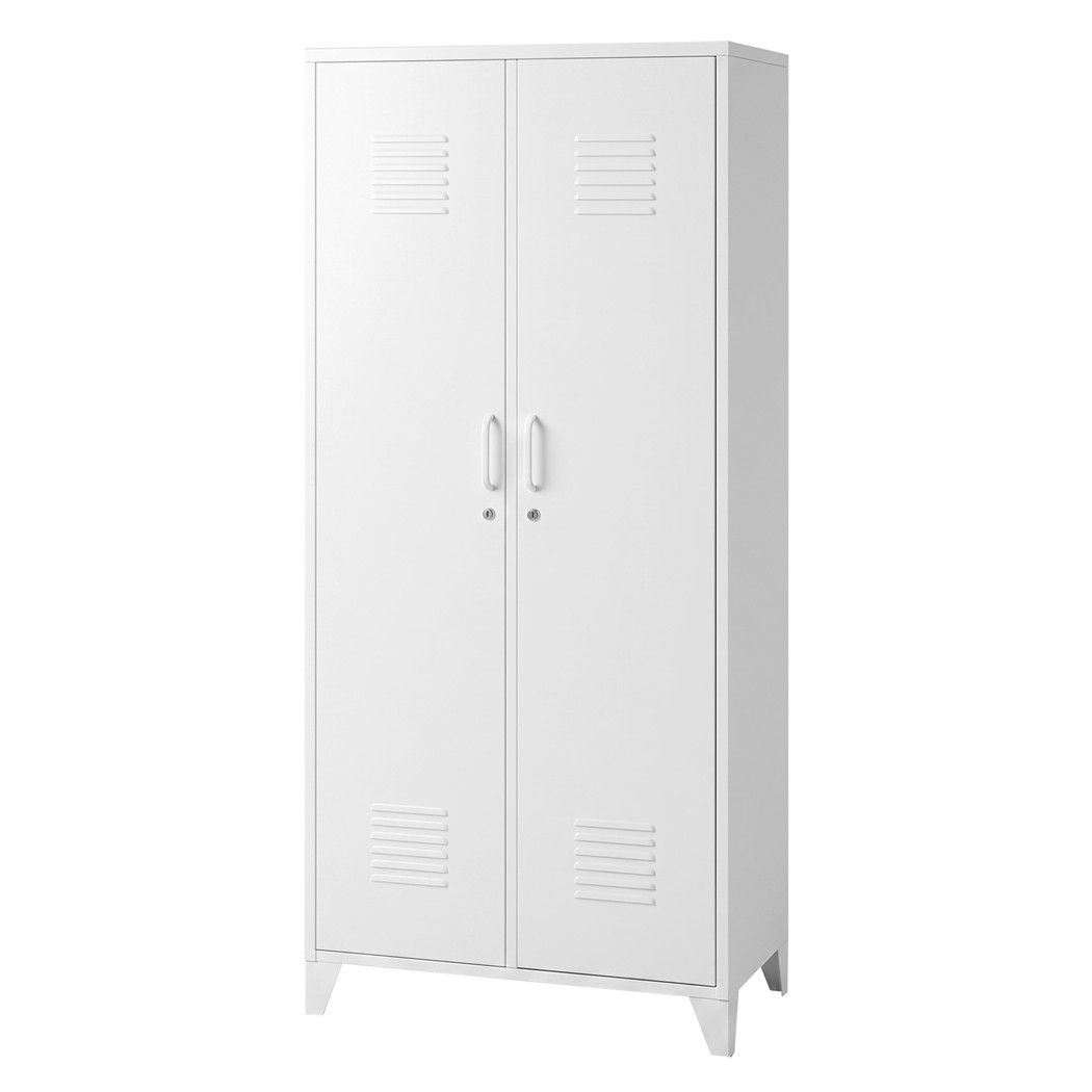 2-Door Wardrobe Lockable Cabinet Storage Closet Hanging Rail Adjustable Shelves Cream White