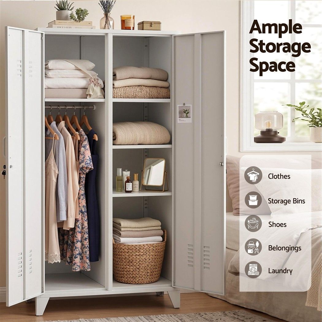 2-Door Wardrobe Lockable Cabinet Storage Closet Hanging Rail Adjustable Shelves Cream White