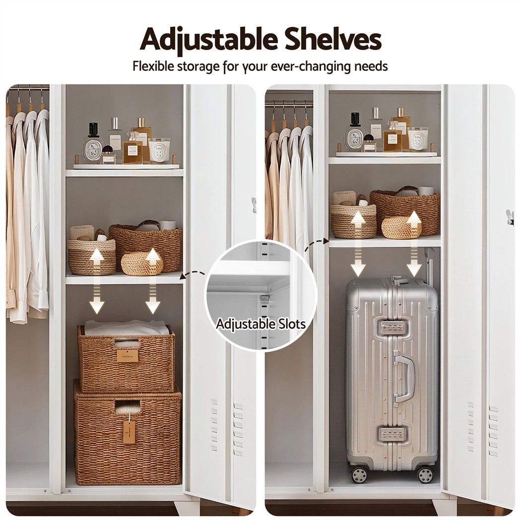 2-Door Wardrobe Lockable Cabinet Storage Closet Hanging Rail Adjustable Shelves Cream White