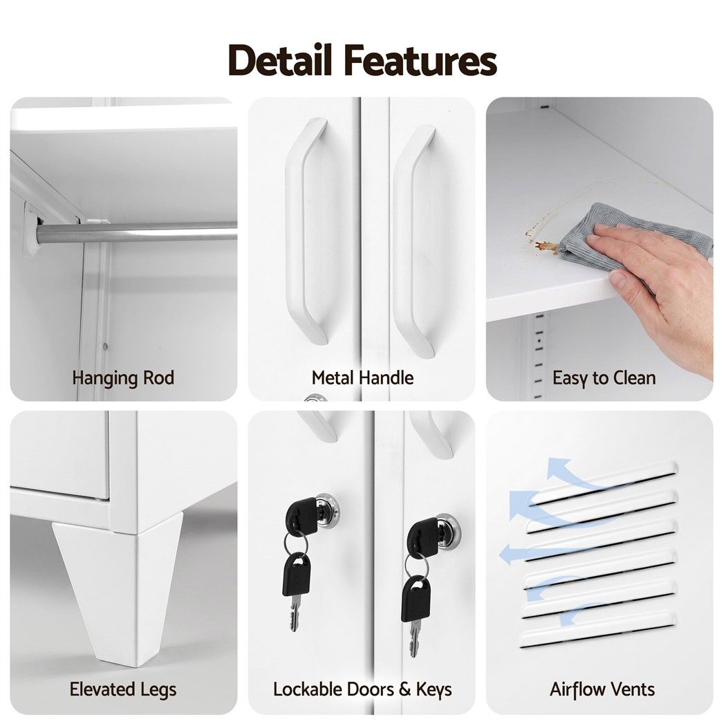 2-Door Wardrobe Lockable Cabinet Storage Closet Hanging Rail Adjustable Shelves Cream White