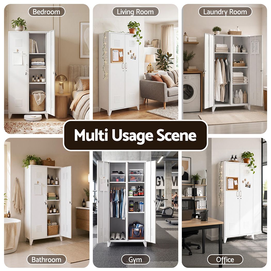 2-Door Wardrobe Lockable Cabinet Storage Closet Hanging Rail Adjustable Shelves Cream White