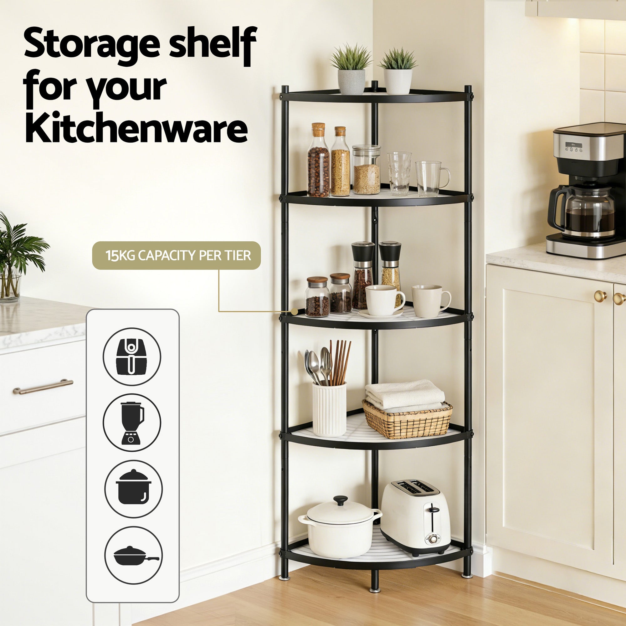 5-Tier Metal Kitchen Corner Shelf Rack Stand for Microwave Storage - Black