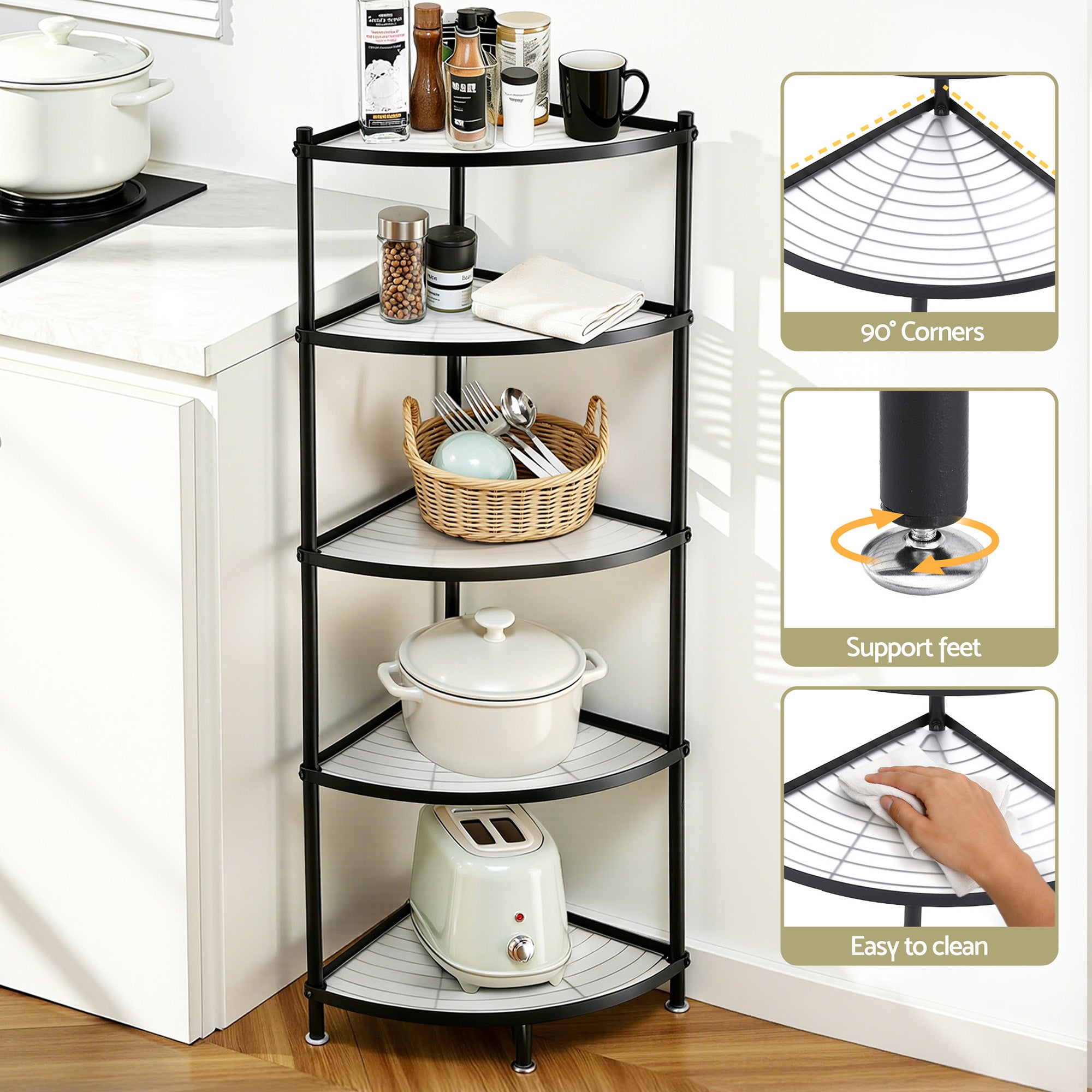 5-Tier Metal Kitchen Corner Shelf Rack Stand for Microwave Storage - Black
