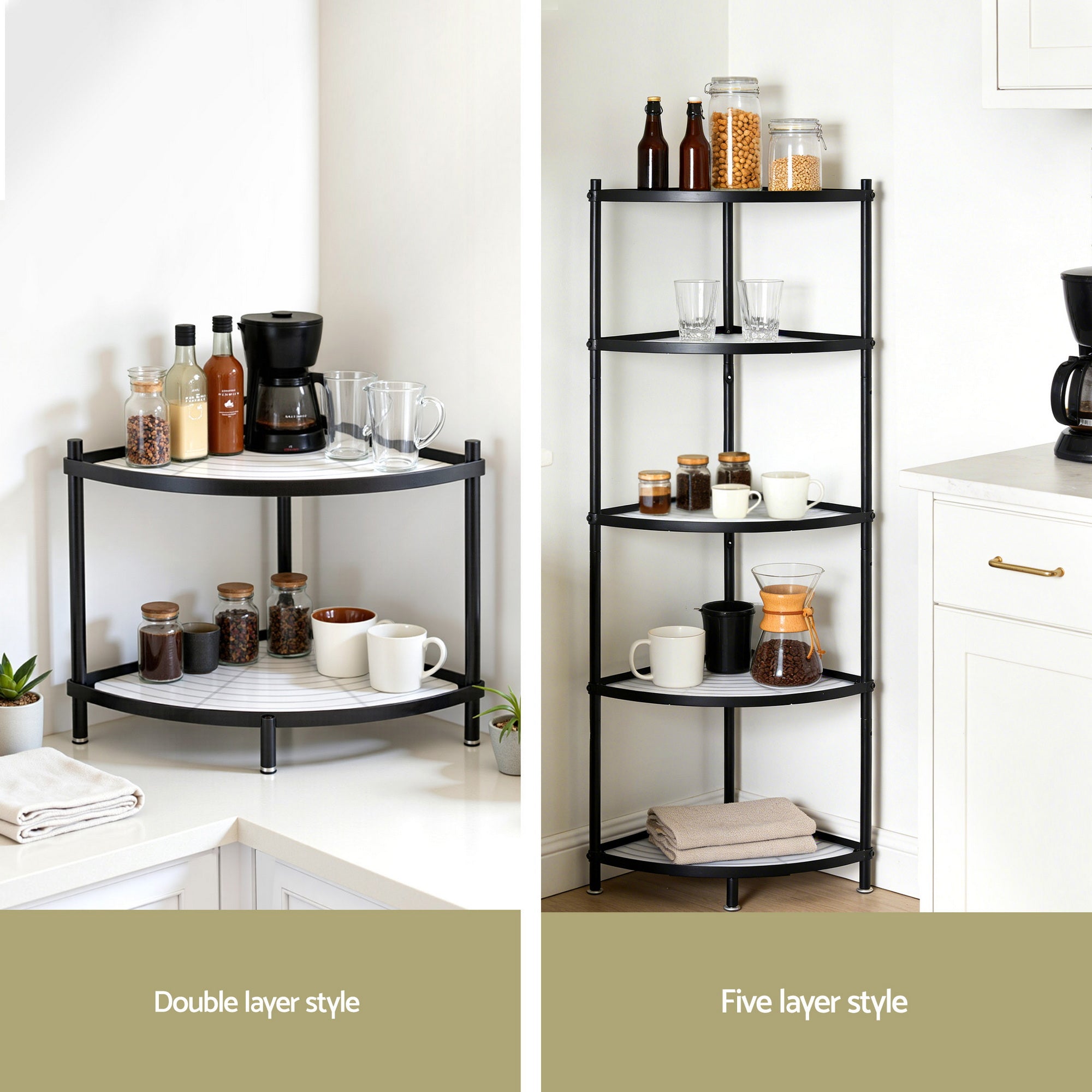 5-Tier Metal Kitchen Corner Shelf Rack Stand for Microwave Storage - Black