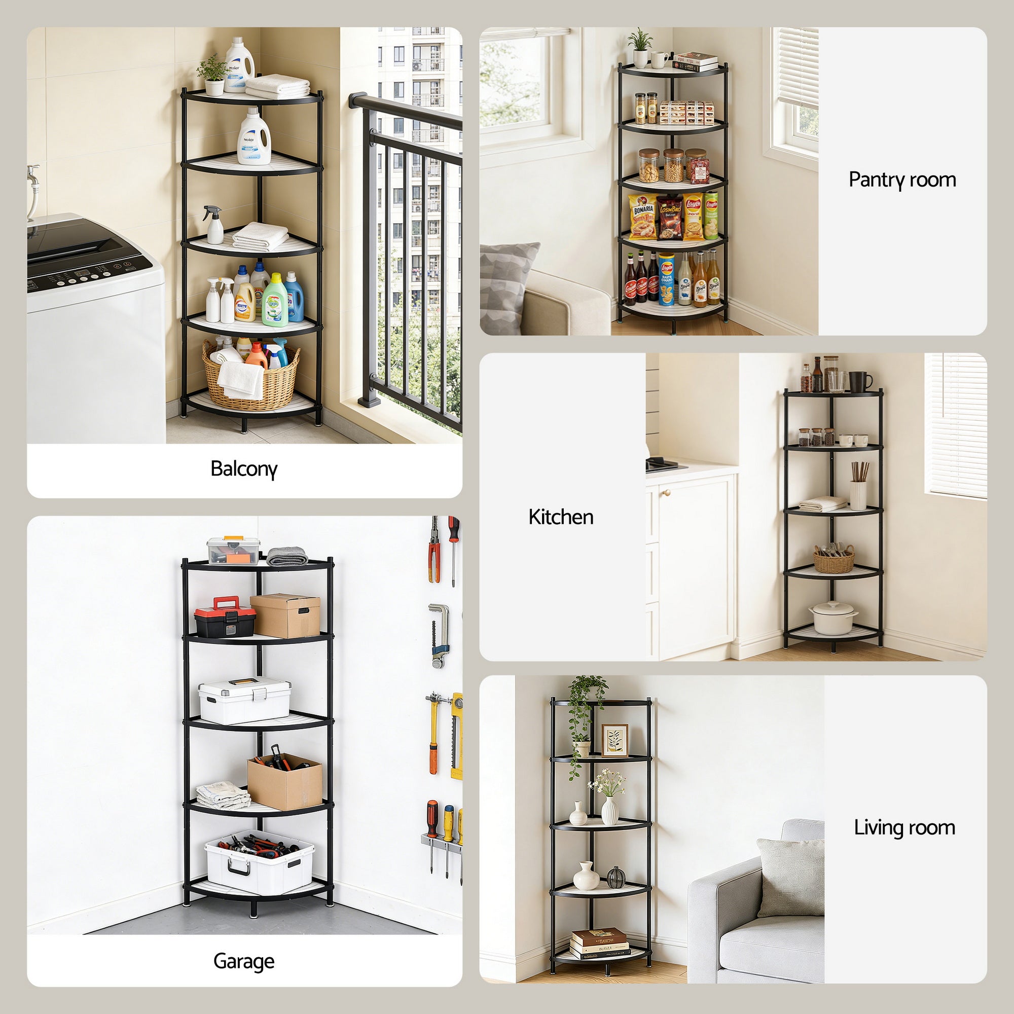5-Tier Metal Kitchen Corner Shelf Rack Stand for Microwave Storage - Black