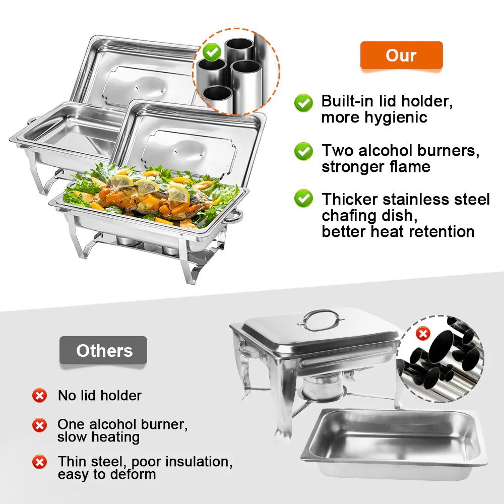 9L Chafing Dish Set, Premium 410 Stainless Steel Buffet Warmer, Bain Marie Food Server with Fuel Holders & Lid, Stackable Catering Equipment for Hotels, Parties, Weddings & Banquets, Silver