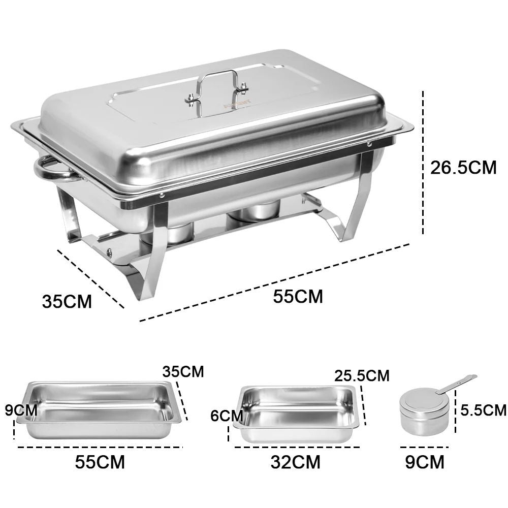 4.5LX2 Chafing Dish Set, Premium 410 Stainless Steel Buffet Warmer, Bain Marie Food Server with Fuel Holders & Lid, Stackable Catering Equipment for Hotels, Parties, Weddings & Banquets, Silver