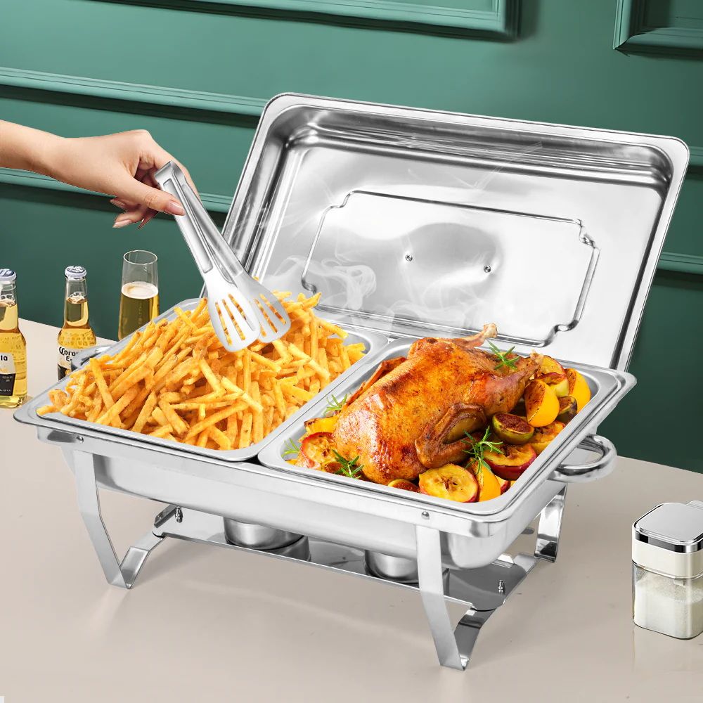 4.5LX2 Chafing Dish Set, Premium 410 Stainless Steel Buffet Warmer, Bain Marie Food Server with Fuel Holders & Lid, Stackable Catering Equipment for Hotels, Parties, Weddings & Banquets, Silver