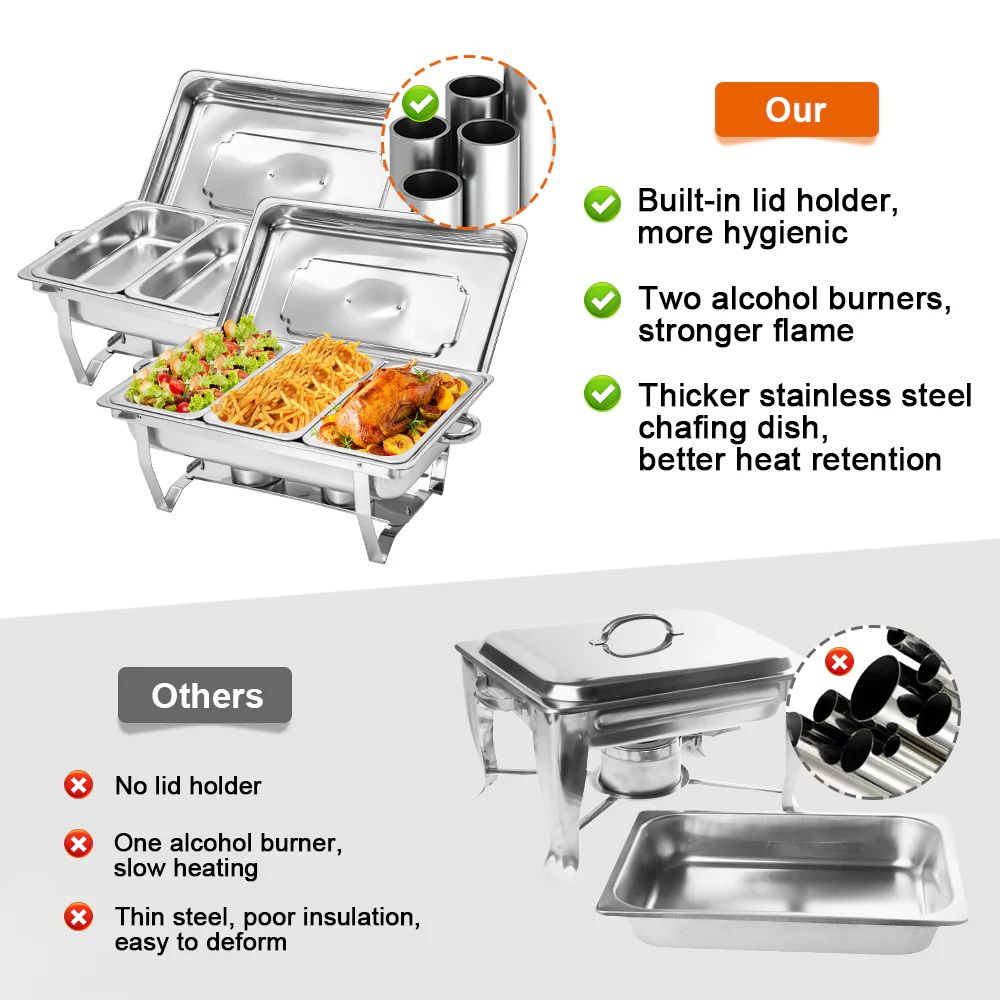 3LX3 Chafing Dish Set, Premium 410 Stainless Steel Buffet Warmer, Bain Marie Food Server with Fuel Holders & Lid, Stackable Catering Equipment for Hotels, Parties, Weddings & Banquets, Silver