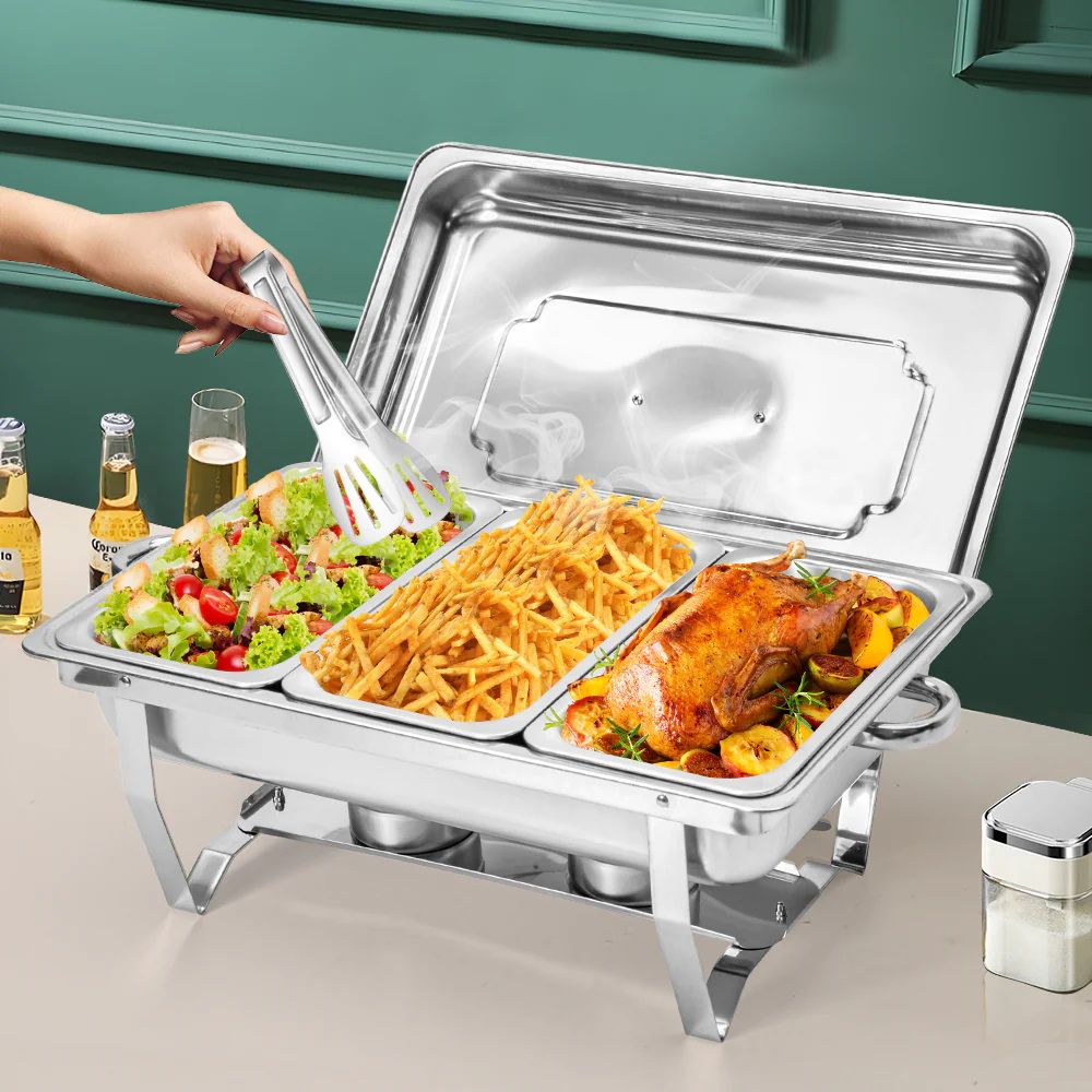 3LX3 Chafing Dish Set, Premium 410 Stainless Steel Buffet Warmer, Bain Marie Food Server with Fuel Holders & Lid, Stackable Catering Equipment for Hotels, Parties, Weddings & Banquets, Silver