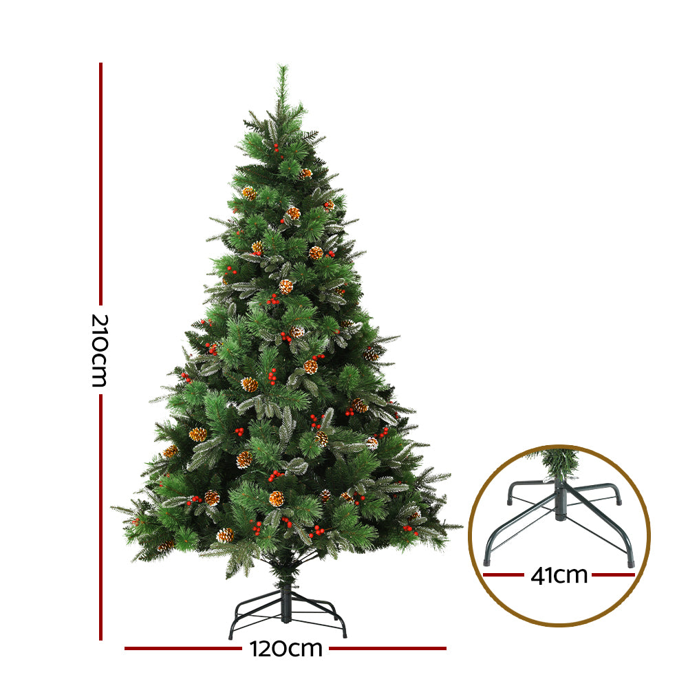 7FT / 2.1M Pre-Lit Christmas Tree with Pine Cones & Red Berries – Warm LED Lights