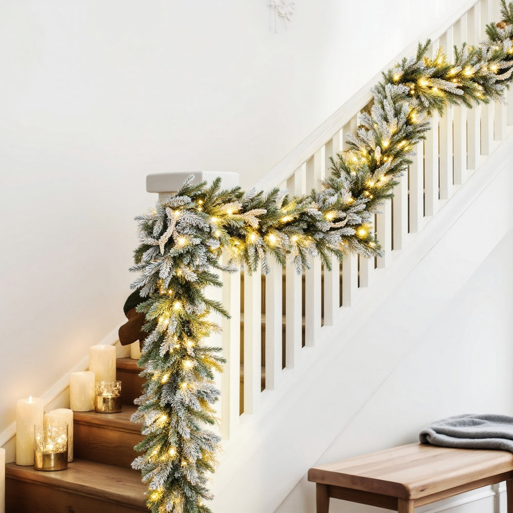 3M Christmas Garland Pre-lit LED Lights Snow Frosted Tips Decor