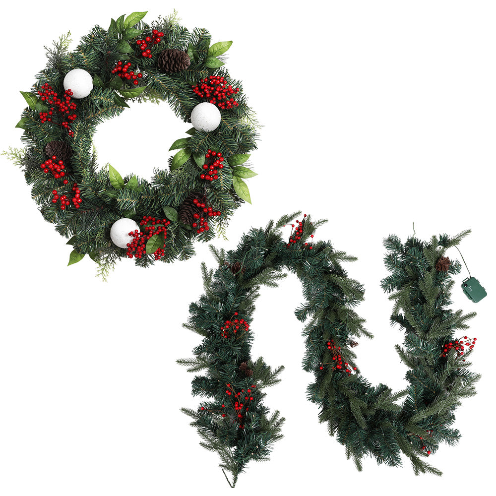 Christmas Garland & Wreath Set with LED Lights – Perfect for Festive Xmas Décor