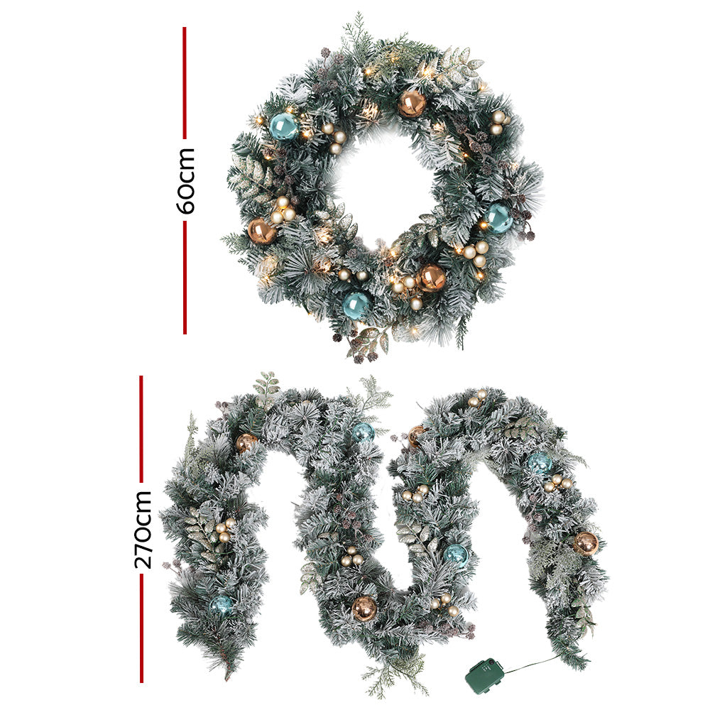 2.7M Snowy Christmas Garland & Wreath Set with LED Lights – Festive Décor