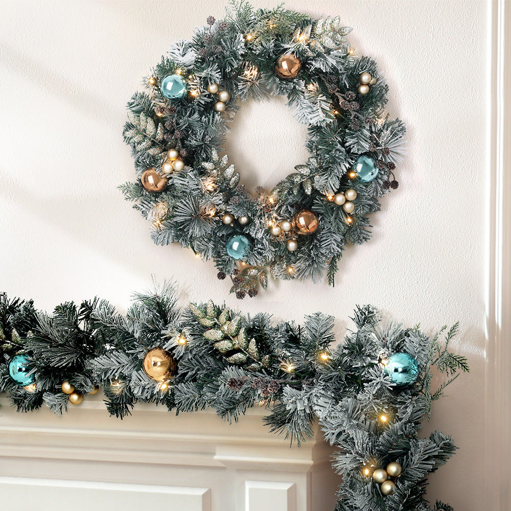 2.7M Snowy Christmas Garland & Wreath Set with LED Lights – Festive Décor