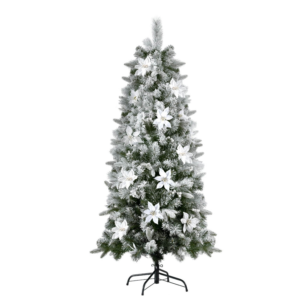 6FT / 1.8M Slim Snow Flocked Christmas Tree with Flowers – 564 Tips