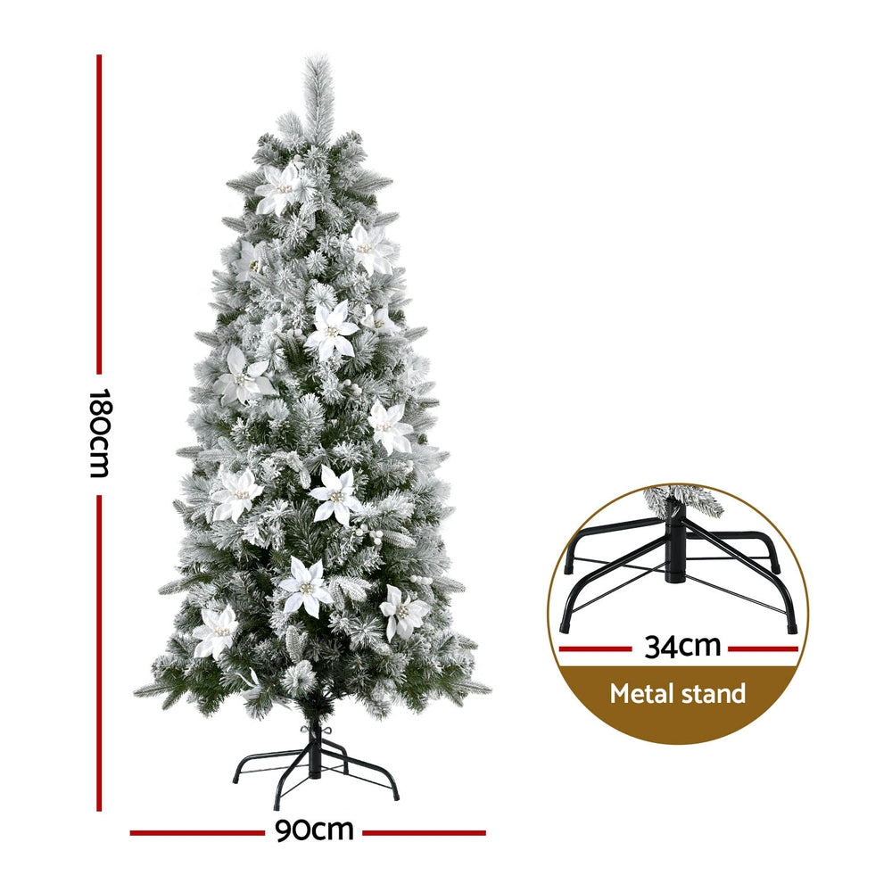 6FT / 1.8M Slim Snow Flocked Christmas Tree with Flowers – 564 Tips