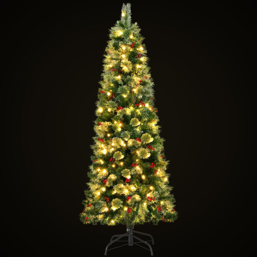6FT / 1.8M Christmas Tree – Green with Red Berries – 556 Tips – Pre-lit 200 Warm White LED Lights